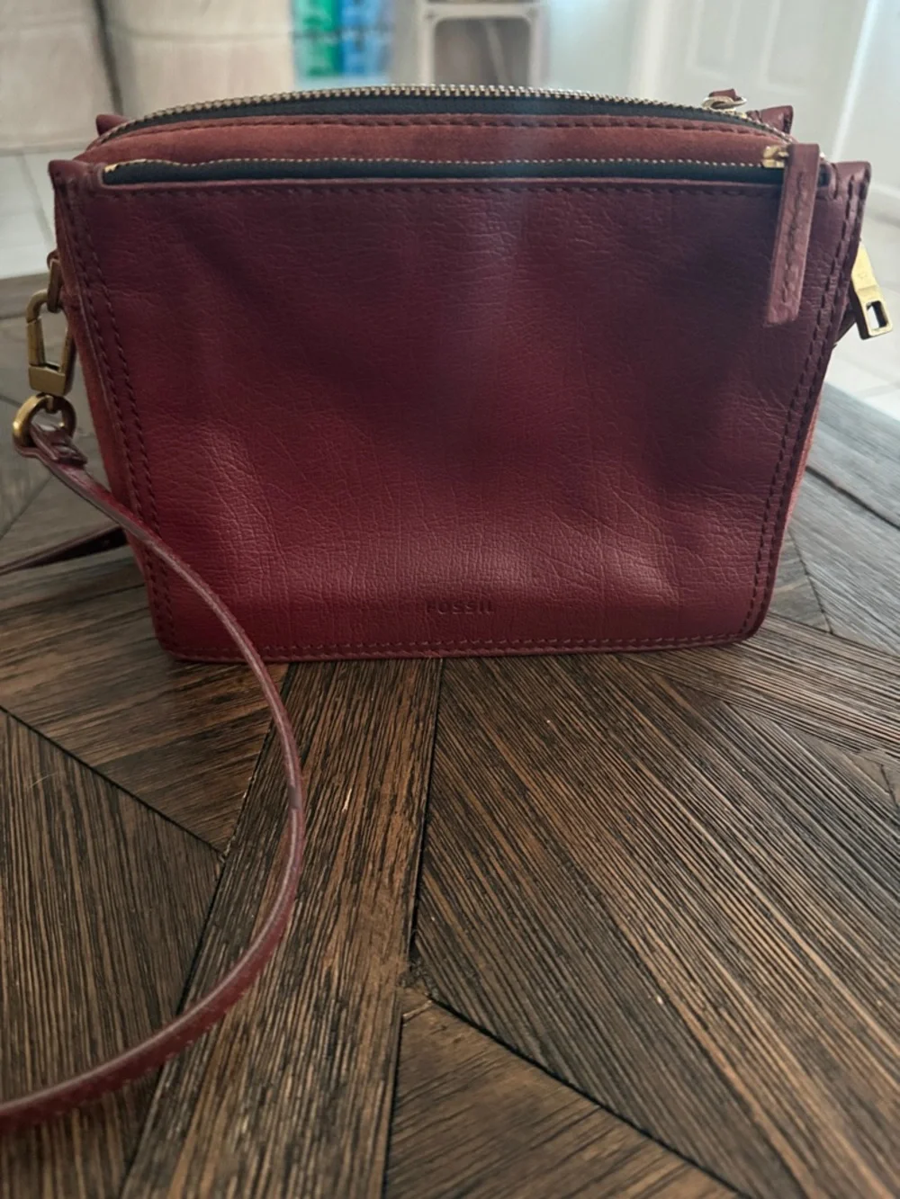 Fossil Campbell Dark Red Leather Suede Crossbody Bag Adjustable Strap - Picture 5 of 11